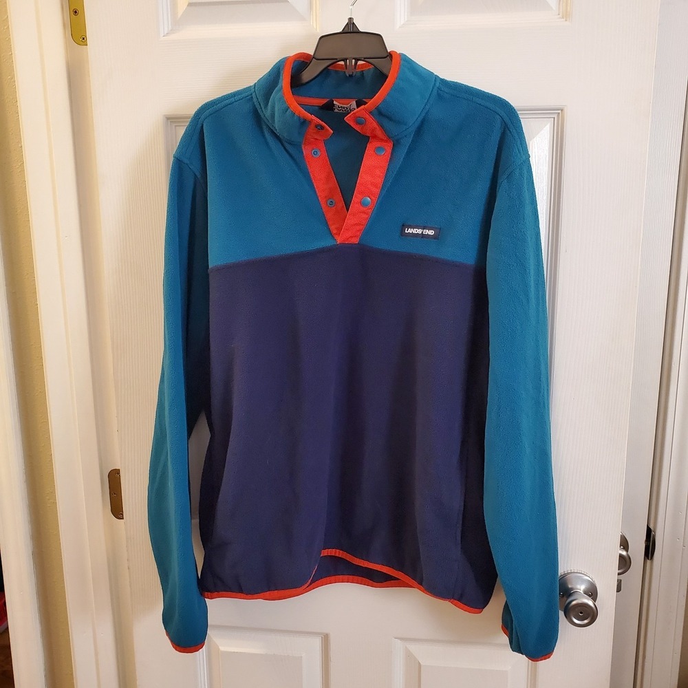 Lands' End sz L Heritage Two Tone Men Pullover Snap‎ Fleece Sweater Blue/Teal